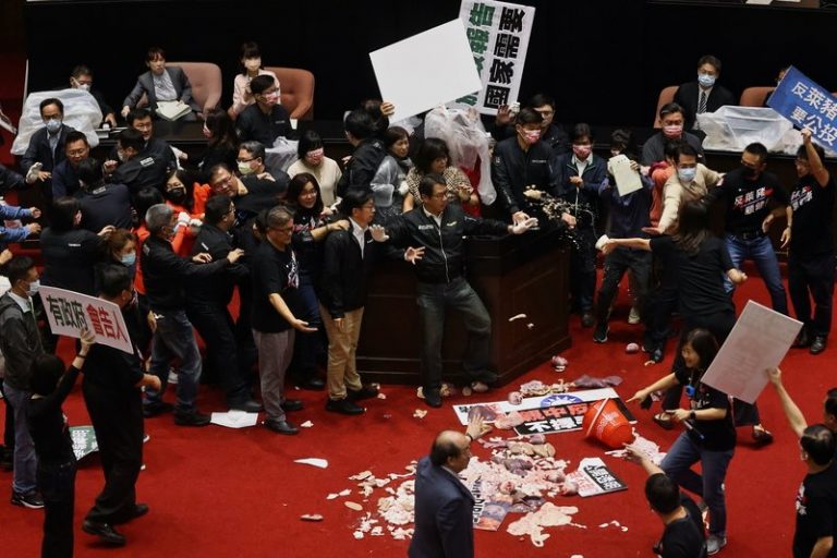 Taiwanese lawmakers throw punches, pig guts in US pork debate