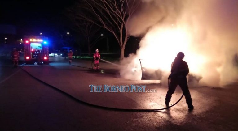 Four frontliners cheat death after patrol catches fire in Sibu