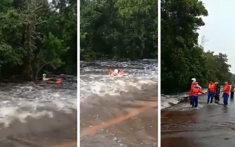 Bike rider stranded up a tree as scooter is swept away