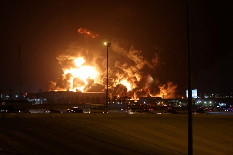 Saudi Aramco storage petroleum facility hit by Houthi attack, causing fire