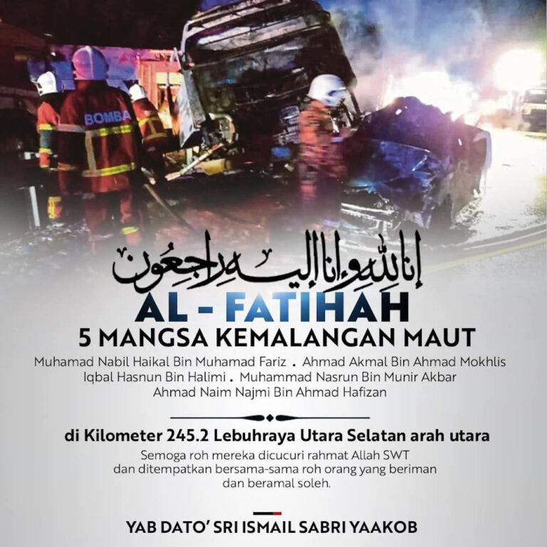 PM conveys condolences to families of Universiti Sultan Azlan Shah students killed in road accident