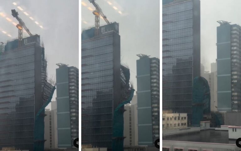 High-rise scaffolding collapses and hundreds of flights are cancelled as Typhoon Noul nears Hong Kong (VIDEO)