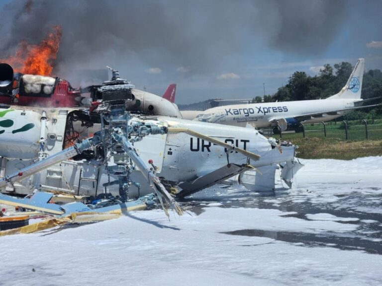 Helicopter catches fire during engine test at Subang airport, four escape but one hit by debris